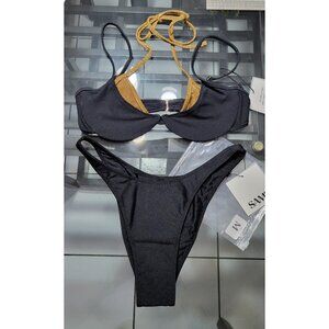 SAME Los Angeles Swim Bikini Set 2Pc Top Double Layer Weist Bottom Black  SZ M